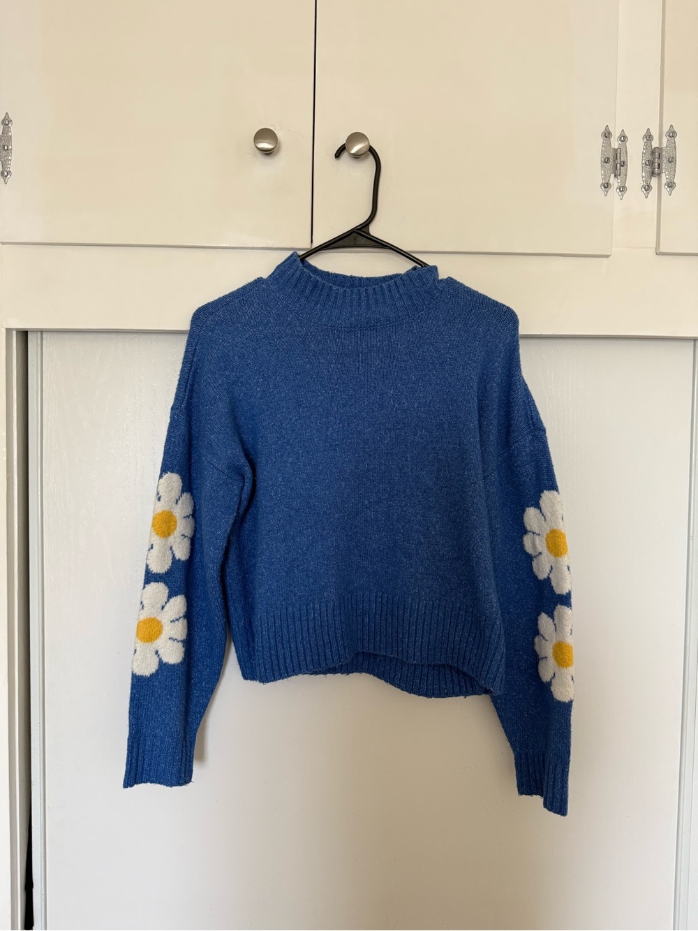 Ultra Flirt Blue Daisy Sleeve Crewneck Sweater